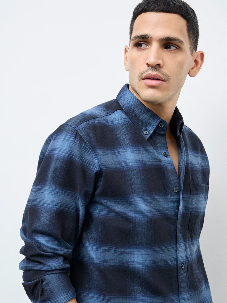 WES Casuals Navy Check Relaxed Fit Cotton Shirt - Image 3