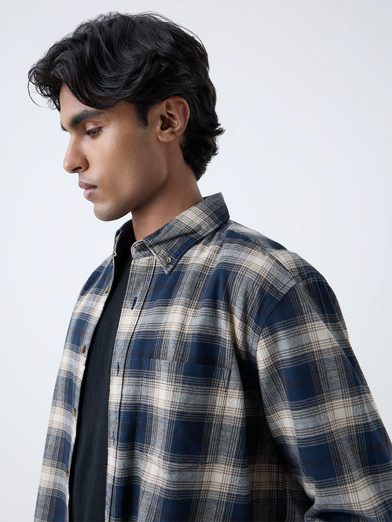 WES Casuals Navy Checkered Relaxed-Fit Cotton Shirt - Image 3