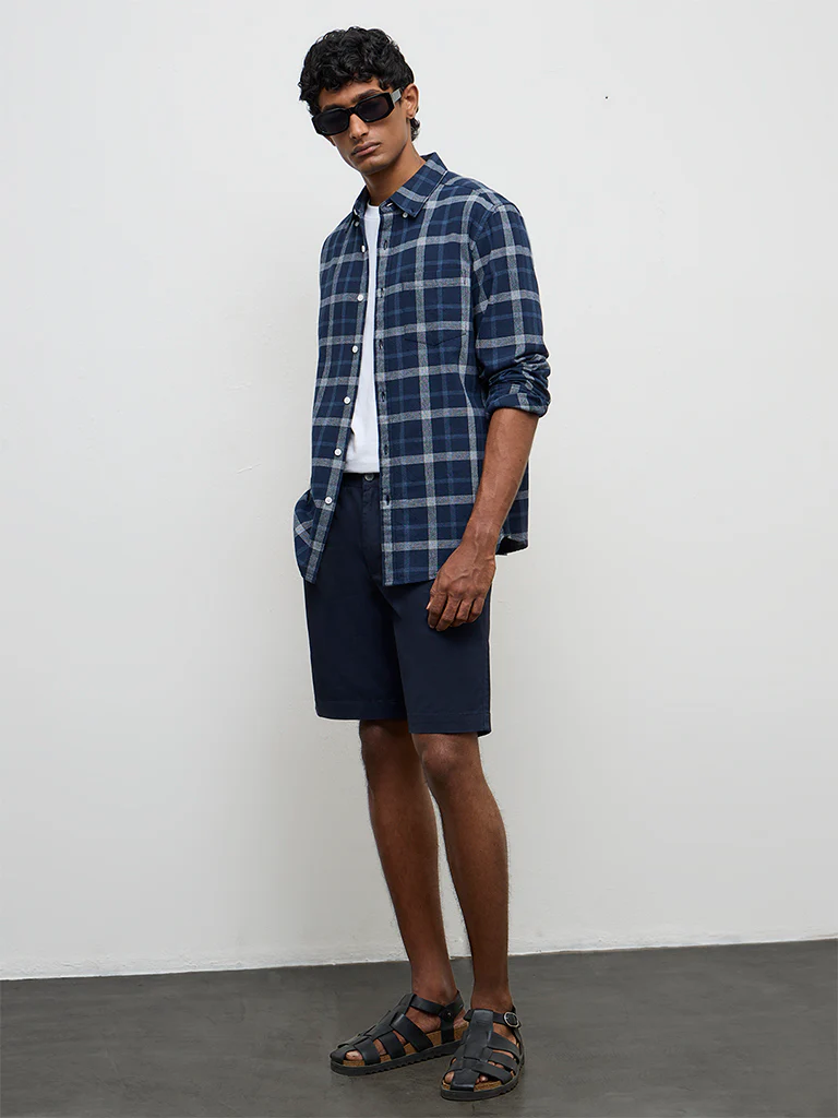 WES Casuals Navy Checkered Relaxed-Fit Cotton Shirt