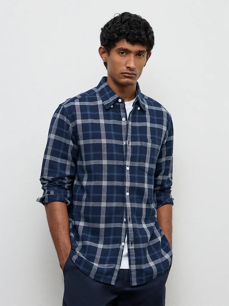 WES Casuals Navy Checkered Relaxed-Fit Cotton Shirt - Image 2