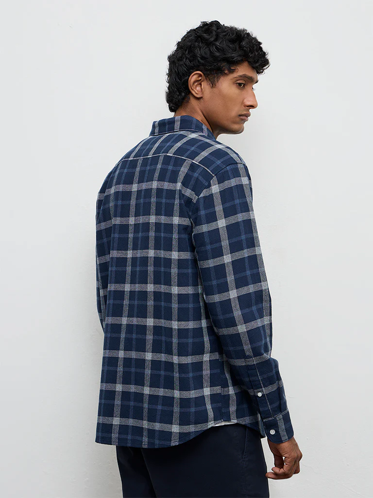 WES Casuals Navy Checkered Relaxed-Fit Cotton Shirt - Image 4