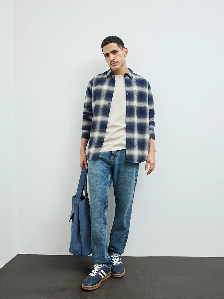 WES Casuals Navy Checks Design Relaxed-Fit Cotton Shirt - Image 2