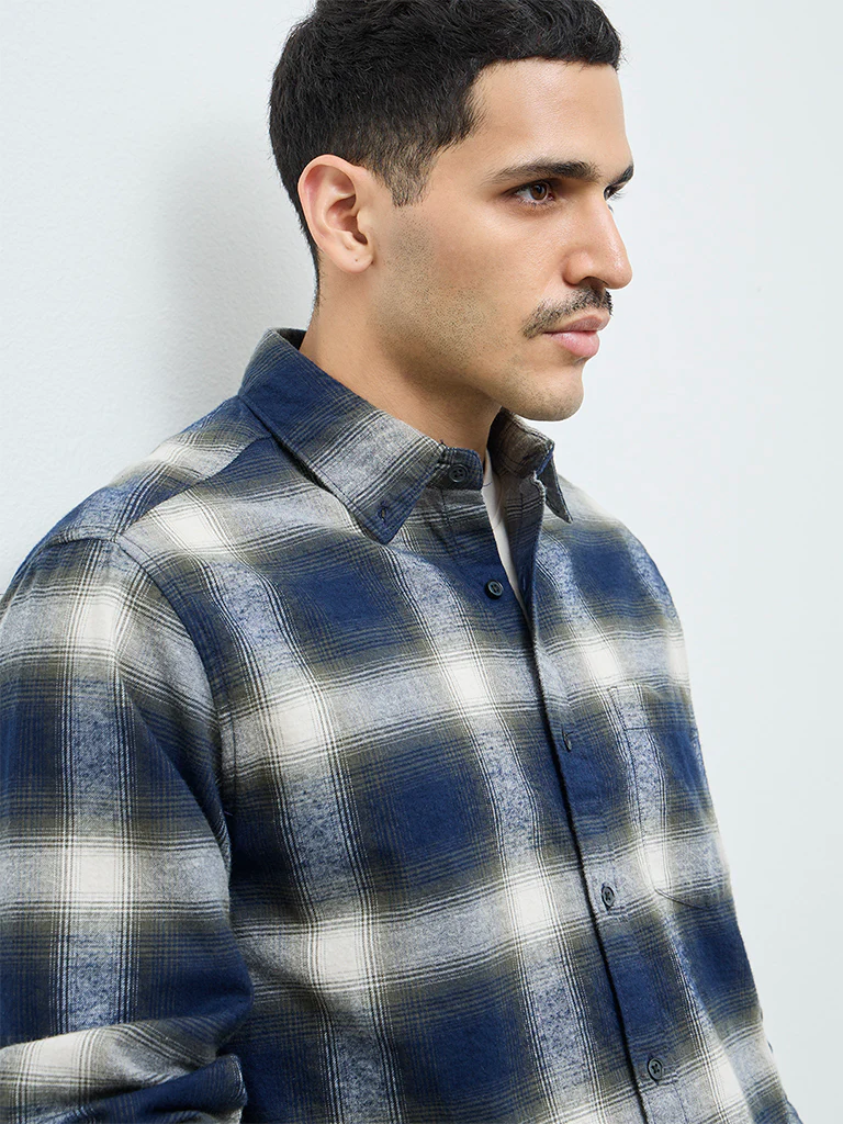 WES Casuals Navy Checks Design Relaxed-Fit Cotton Shirt - Image 3