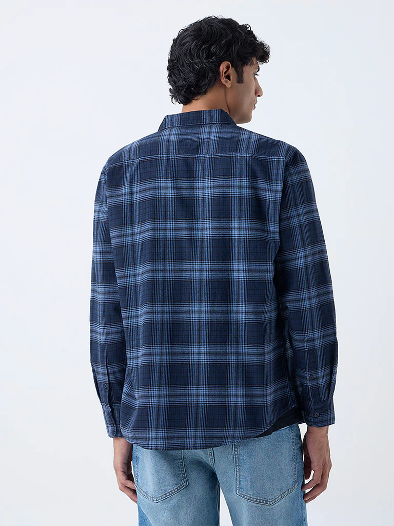 WES Casuals Navy Checks Pattern Relaxed-Fit Cotton Shirt - Image 4