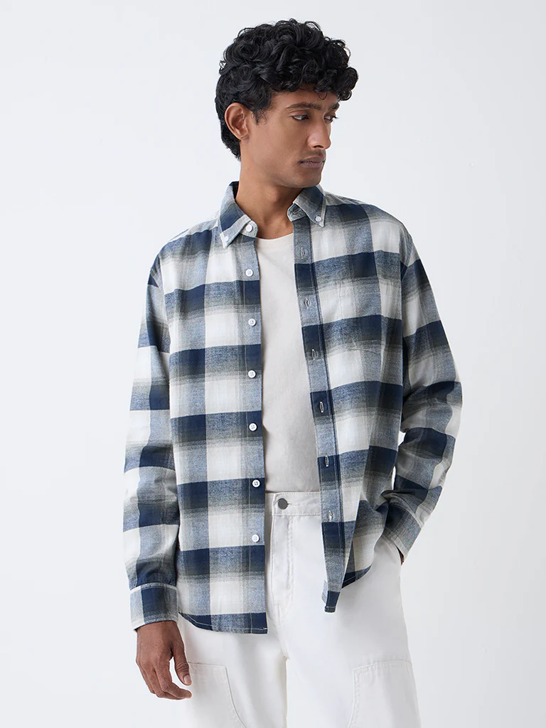 WES Casuals Navy Checks Pattern Relaxed-Fit Cotton Shirt