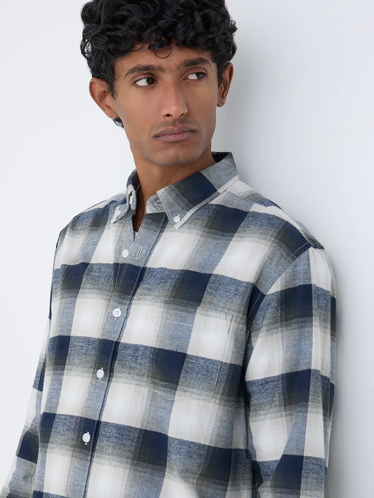 WES Casuals Navy Checks Pattern Relaxed-Fit Cotton Shirt - Image 3