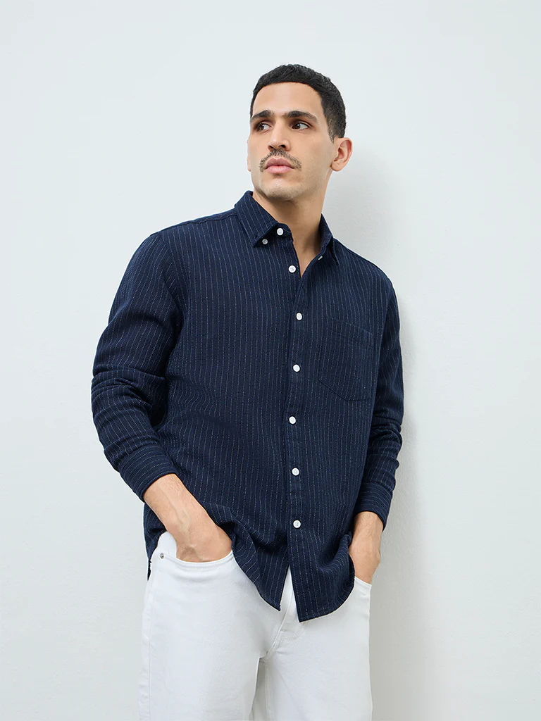 WES Casuals Navy Pinstriped Relaxed-Fit Cotton Shirt