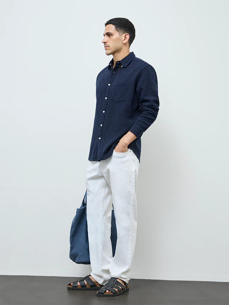 WES Casuals Navy Pinstriped Relaxed-Fit Cotton Shirt - Image 2