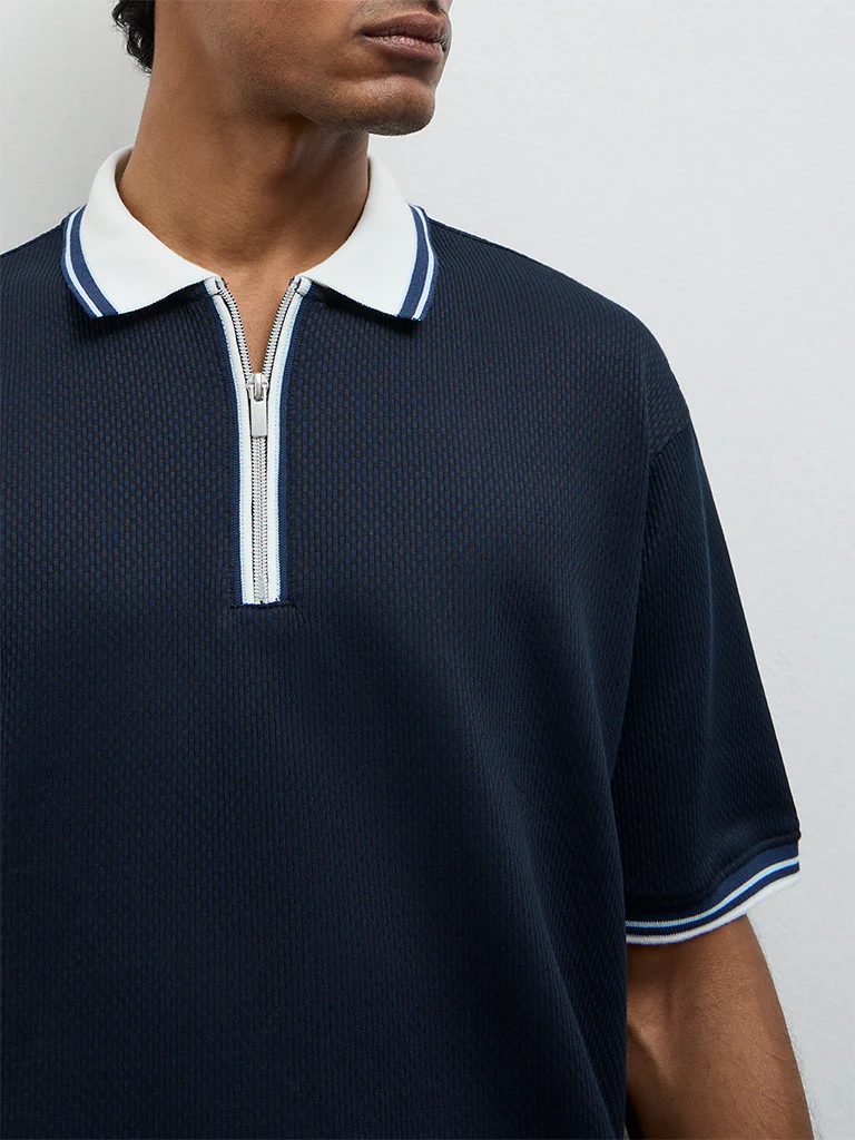 WES Casuals Navy Relaxed-Fit Cotton-Blend Quarter-Zip Polo T-Shirt - Image 4