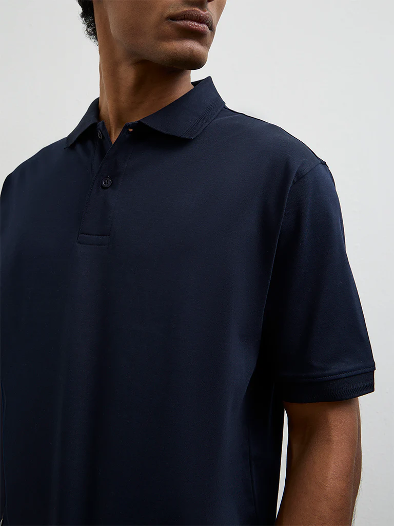 WES Casuals Navy Relaxed-Fit Cotton Polo T-Shirt - Image 4