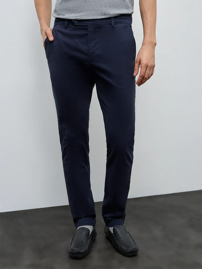 WES Casuals Navy Relaxed-Fit Mid-Rise Cotton-Blend Chinos - Image 3