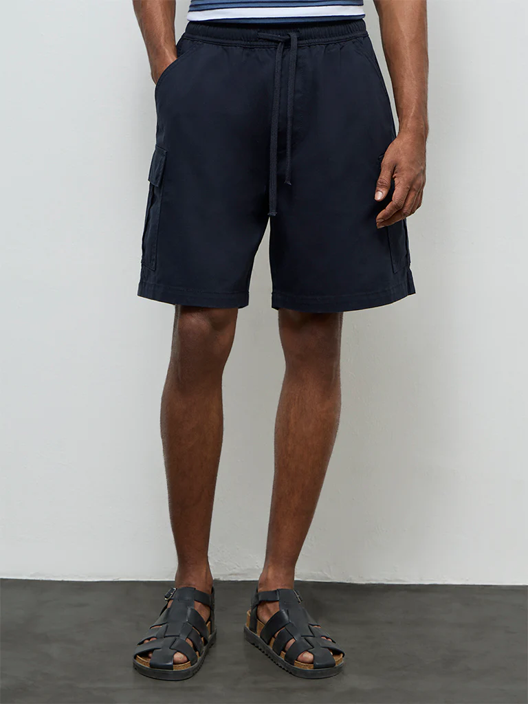 WES Casuals Navy Relaxed-Fit Mid-Rise Cotton Shorts - Image 3