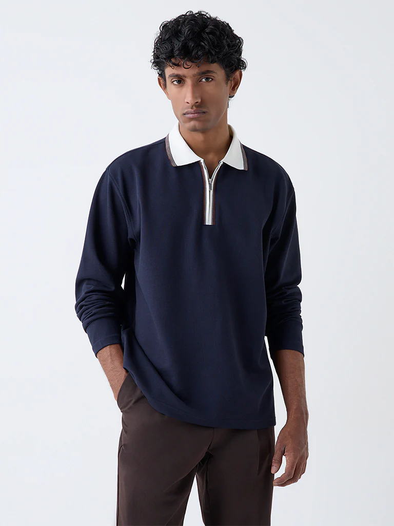 WES Casuals Navy Relaxed-Fit Quarter-Zip Cotton-Blend Sweatshirt