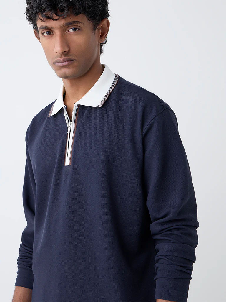 WES Casuals Navy Relaxed-Fit Quarter-Zip Cotton-Blend Sweatshirt - Image 4