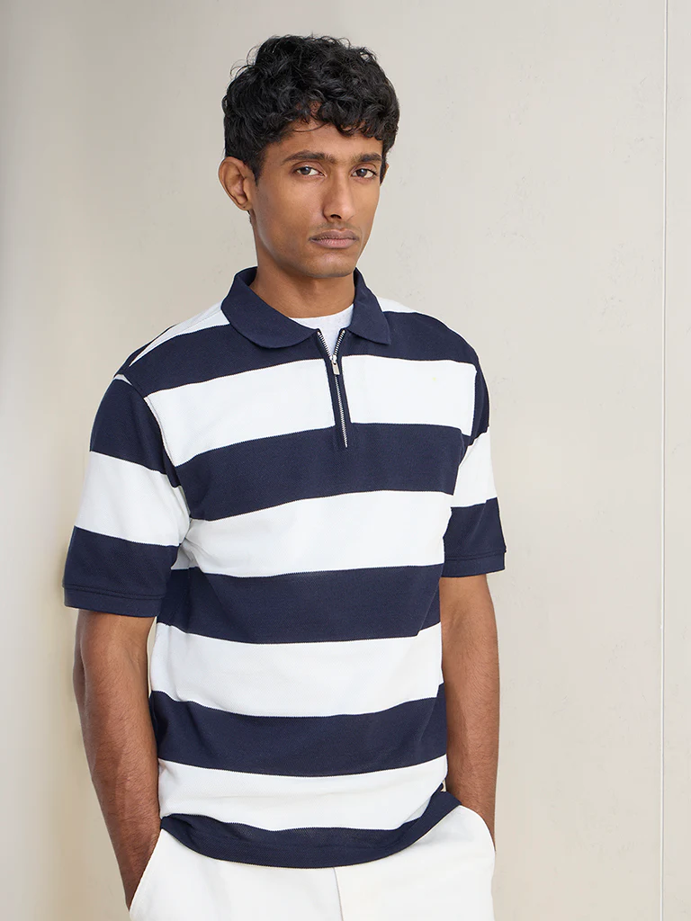 WES Casuals Navy Relaxed-Fit Quarter-Zip Polo T-Shirt