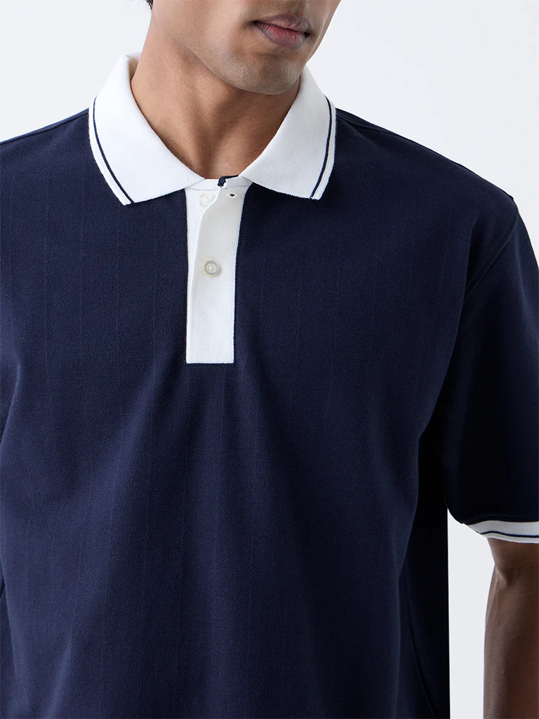 WES Casuals Navy Self Relaxed-Fit Cotton-Blend Polo T-Shirt - Image 4