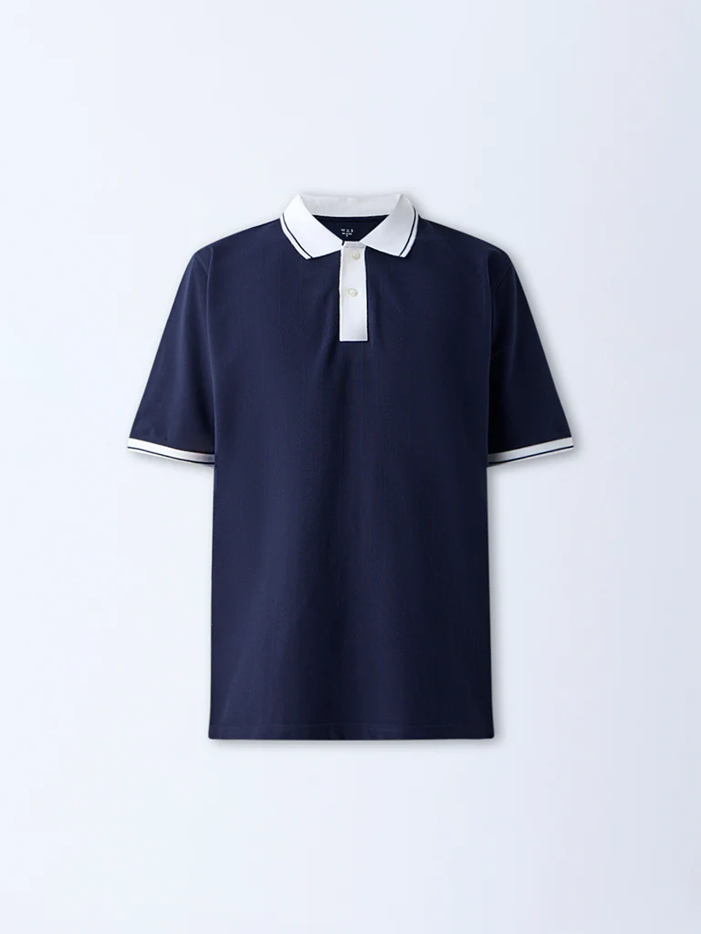 WES Casuals Navy Self Relaxed-Fit Cotton-Blend Polo T-Shirt - Image 6