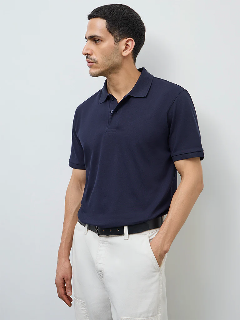 WES Casuals Navy Solid Relaxed-Fit Cotton-Blend Polo T-Shirt