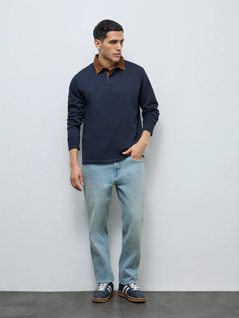 WES Casuals Navy Solid Relaxed-Fit Cotton Polo T-Shirt - Image 3