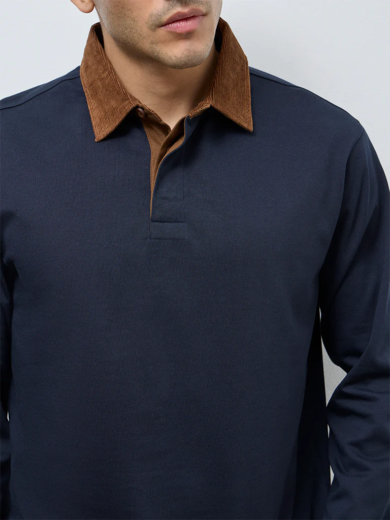 WES Casuals Navy Solid Relaxed-Fit Cotton Polo T-Shirt - Image 4