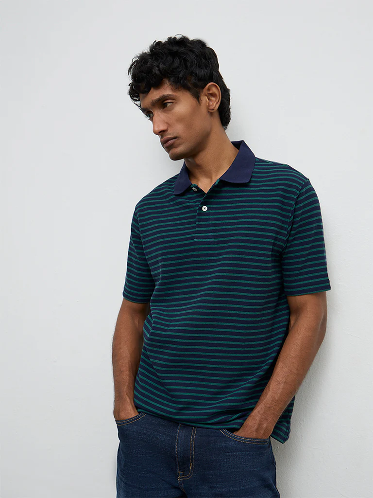 WES Casuals Navy Stripe-Printed Relaxed-Fit Polo T-Shirt - Image 3