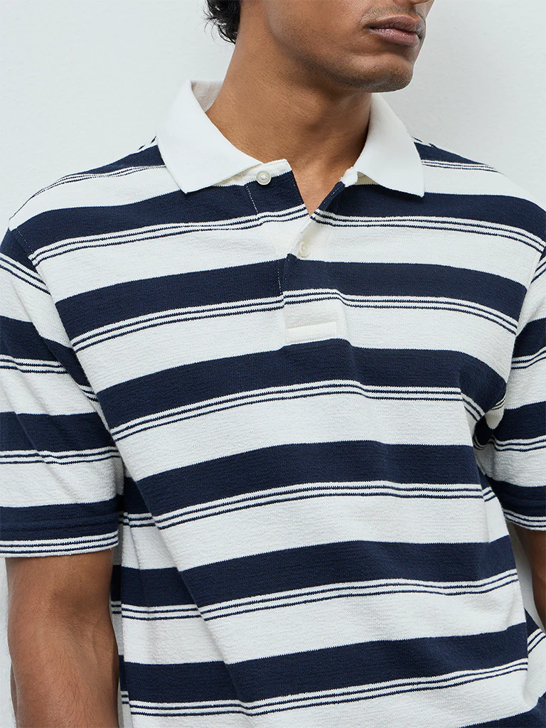 WES Casuals Navy Striped Relaxed-Fit Cotton-Blend Polo T-Shirt - Image 4