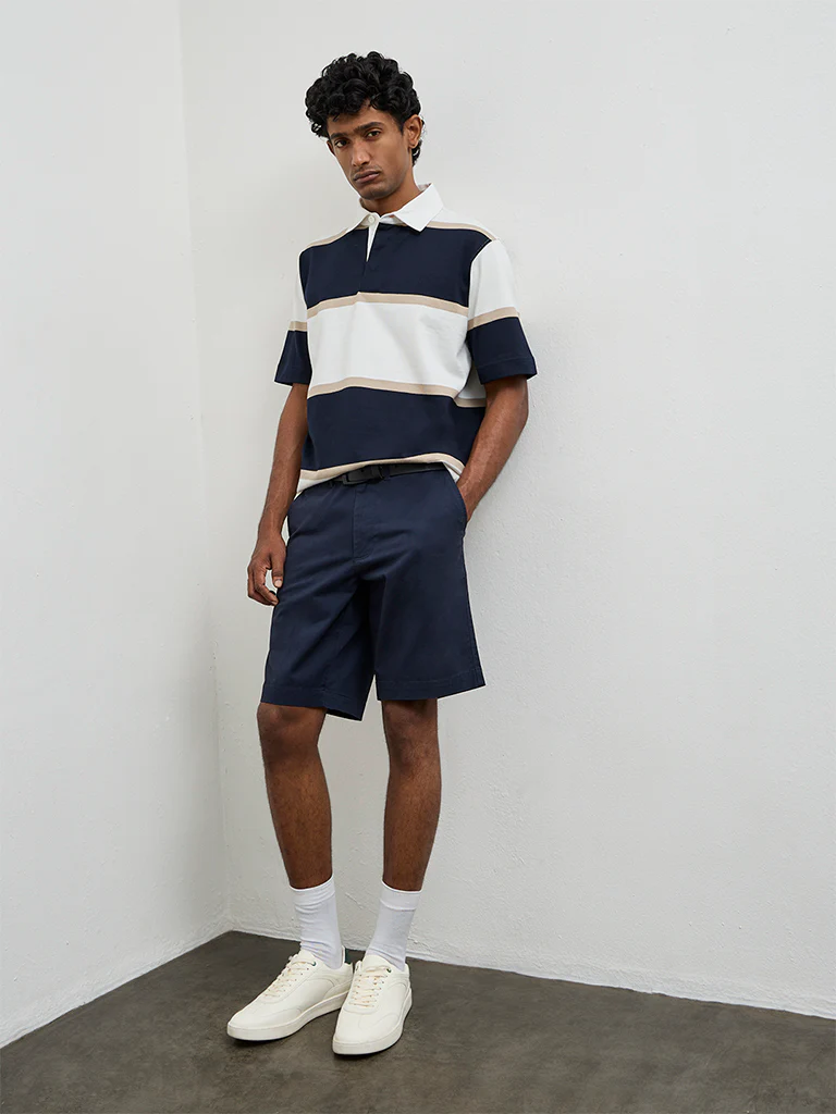 WES Casuals Navy Striped Relaxed Fit Polo Cotton-Blend T-Shirt - Image 3