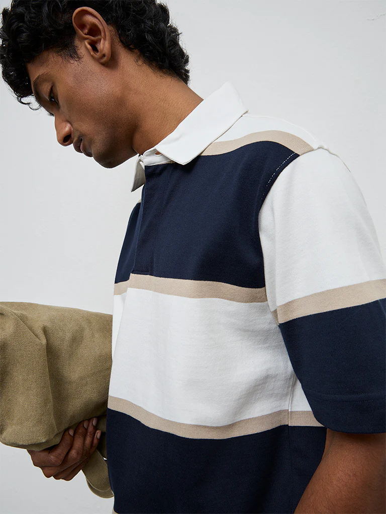 WES Casuals Navy Striped Relaxed Fit Polo Cotton-Blend T-Shirt - Image 4