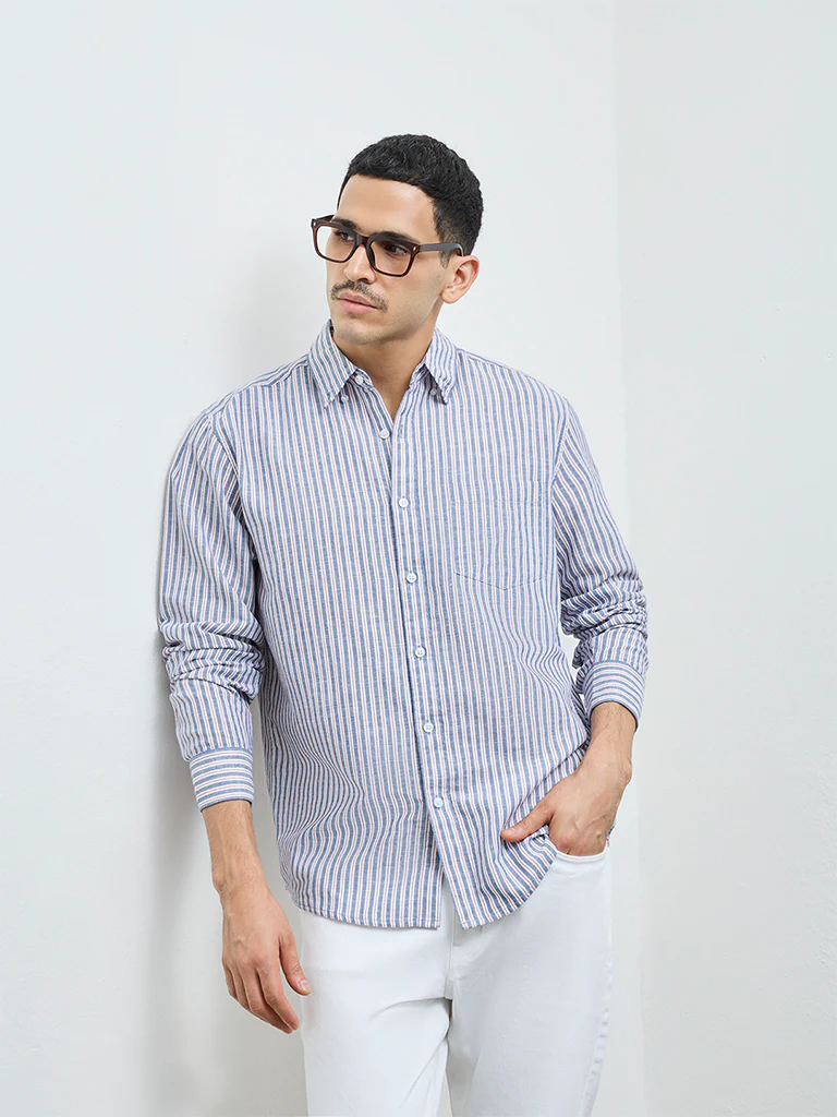 WES Casuals Navy Striped Relaxed-Fit Cotton-Blend Shirt