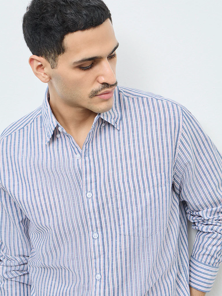 WES Casuals Navy Striped Relaxed-Fit Cotton-Blend Shirt - Image 3