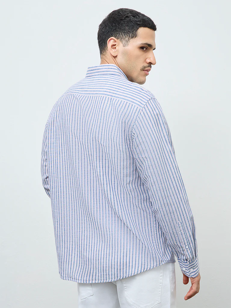 WES Casuals Navy Striped Relaxed-Fit Cotton-Blend Shirt - Image 4