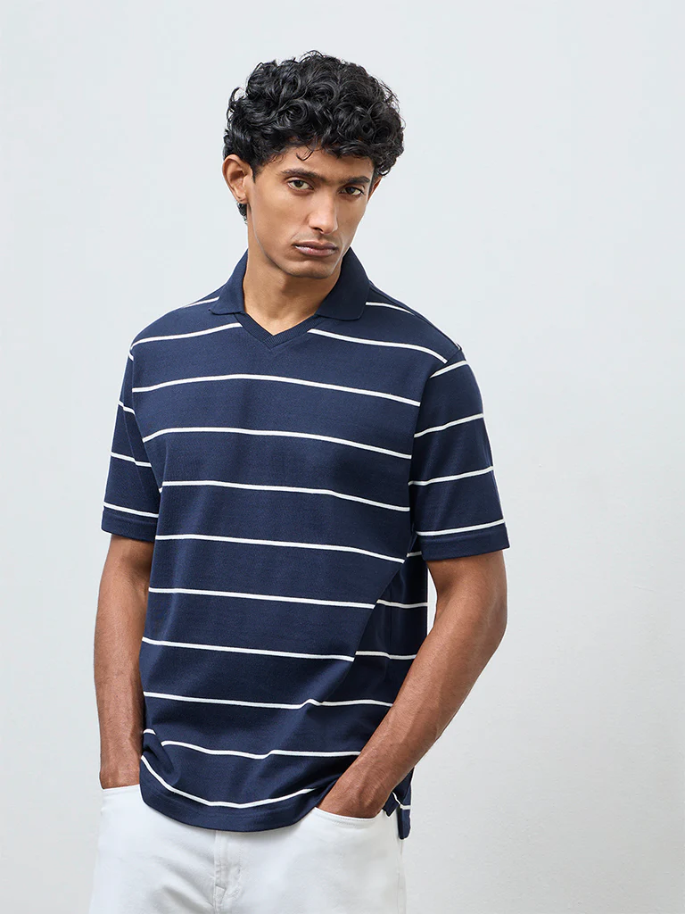 WES Casuals Navy Striped Relaxed Fit Cotton-Blend T-Shirt