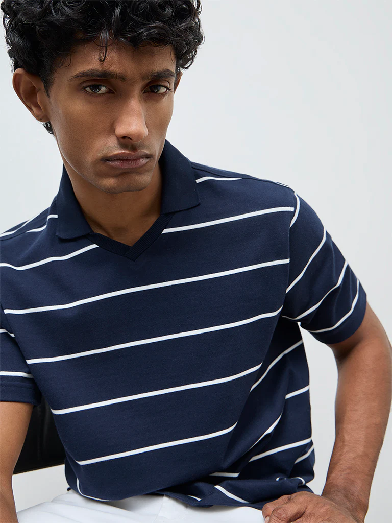 WES Casuals Navy Striped Relaxed Fit Cotton-Blend T-Shirt - Image 3
