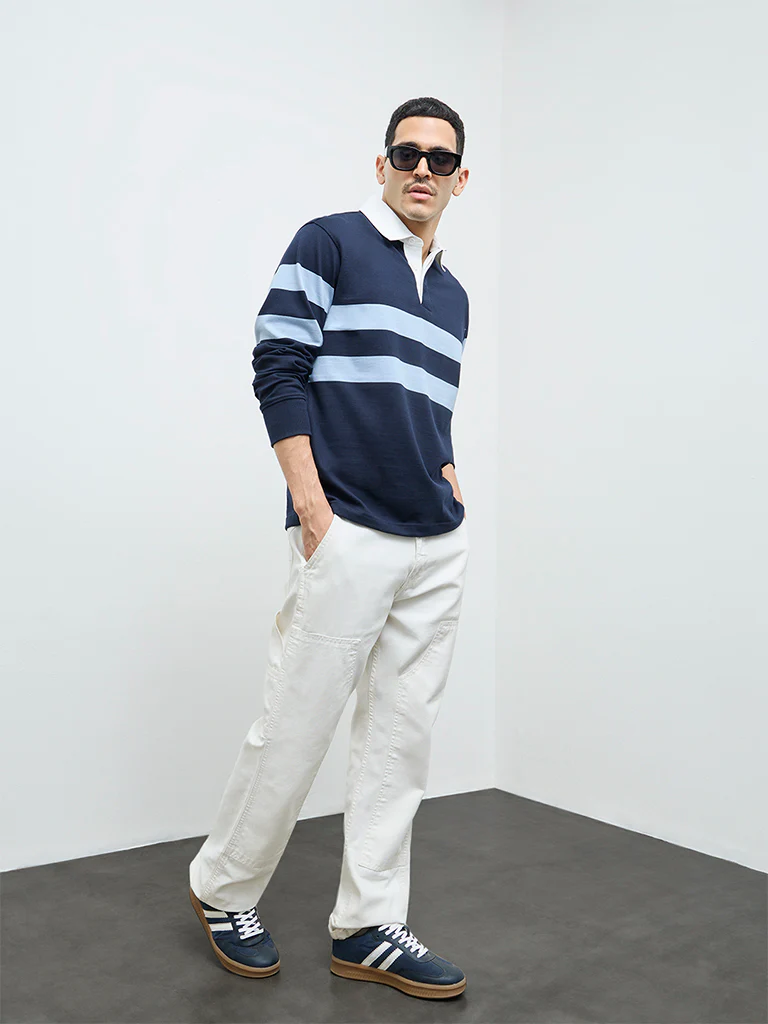 WES Casuals Navy Striped Relaxed-Fit Cotton Polo T-Shirt - Image 3