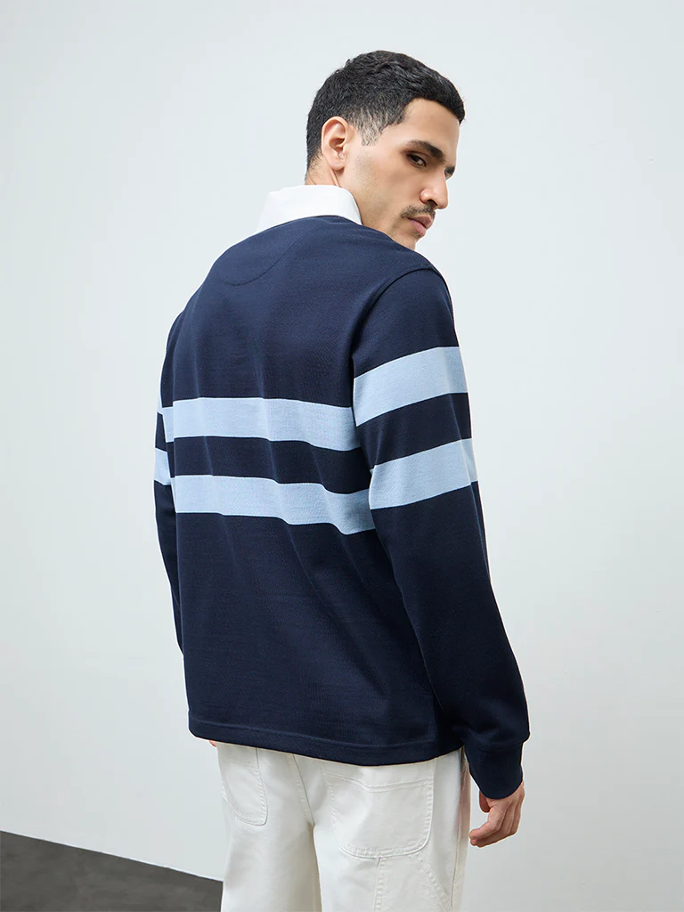 WES Casuals Navy Striped Relaxed-Fit Cotton Polo T-Shirt - Image 5