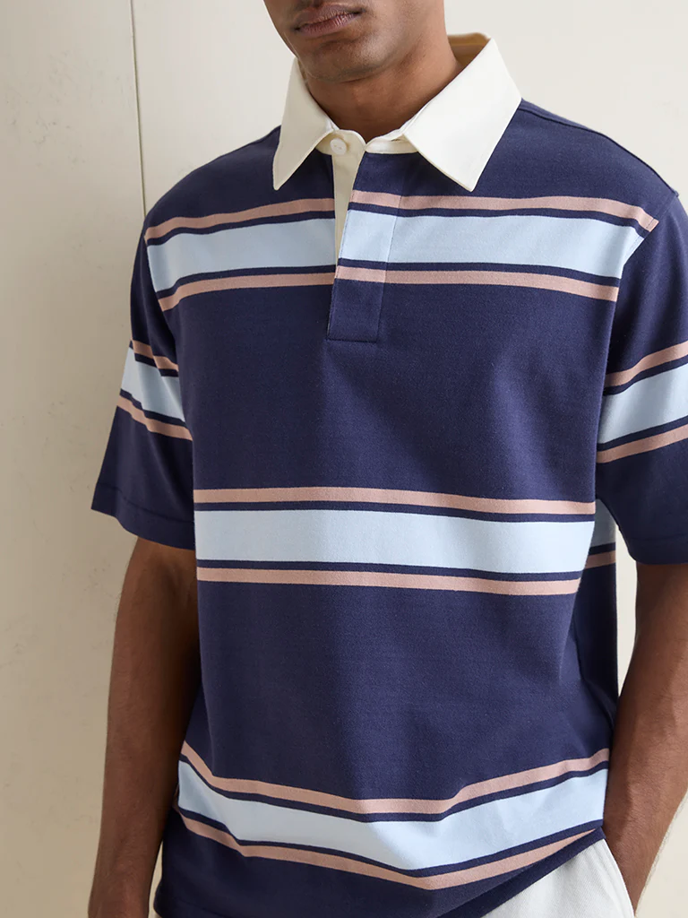 WES Casuals Navy Striped Relaxed-Fit Cotton Polo T-Shirt - Image 3
