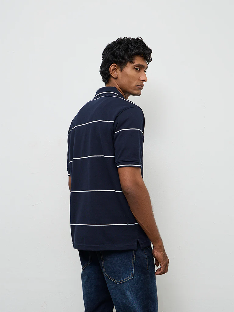 WES Casuals Navy Striped Relaxed-Fit Cotton Polo T-Shirt - Image 4