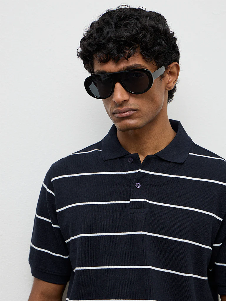 WES Casuals Navy Striped Relaxed-Fit Cotton Polo T-Shirt - Image 4