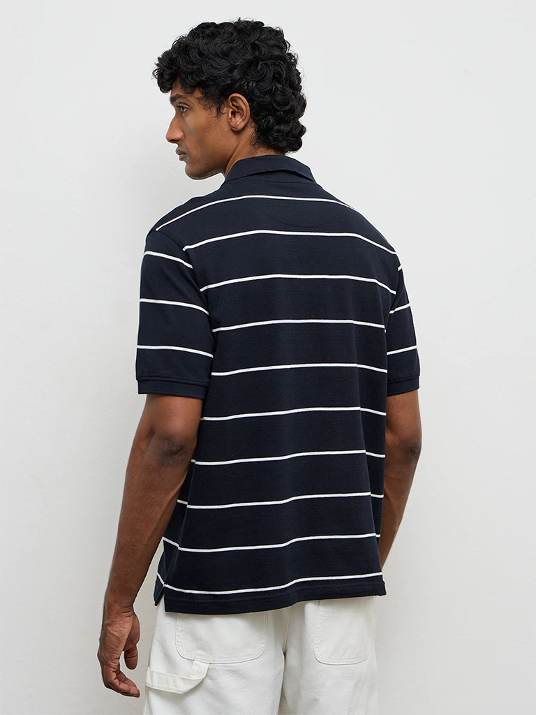 WES Casuals Navy Striped Relaxed-Fit Cotton Polo T-Shirt - Image 5