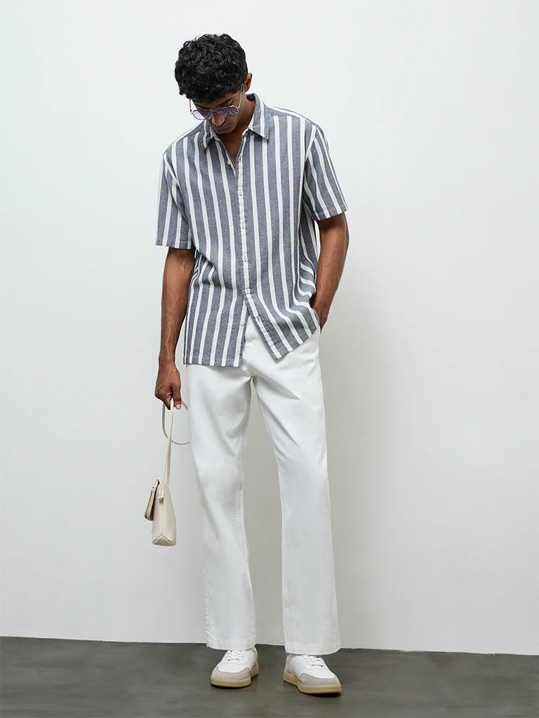 WES Casuals Navy Striped Relaxed Fit Cotton Shirt - Image 2