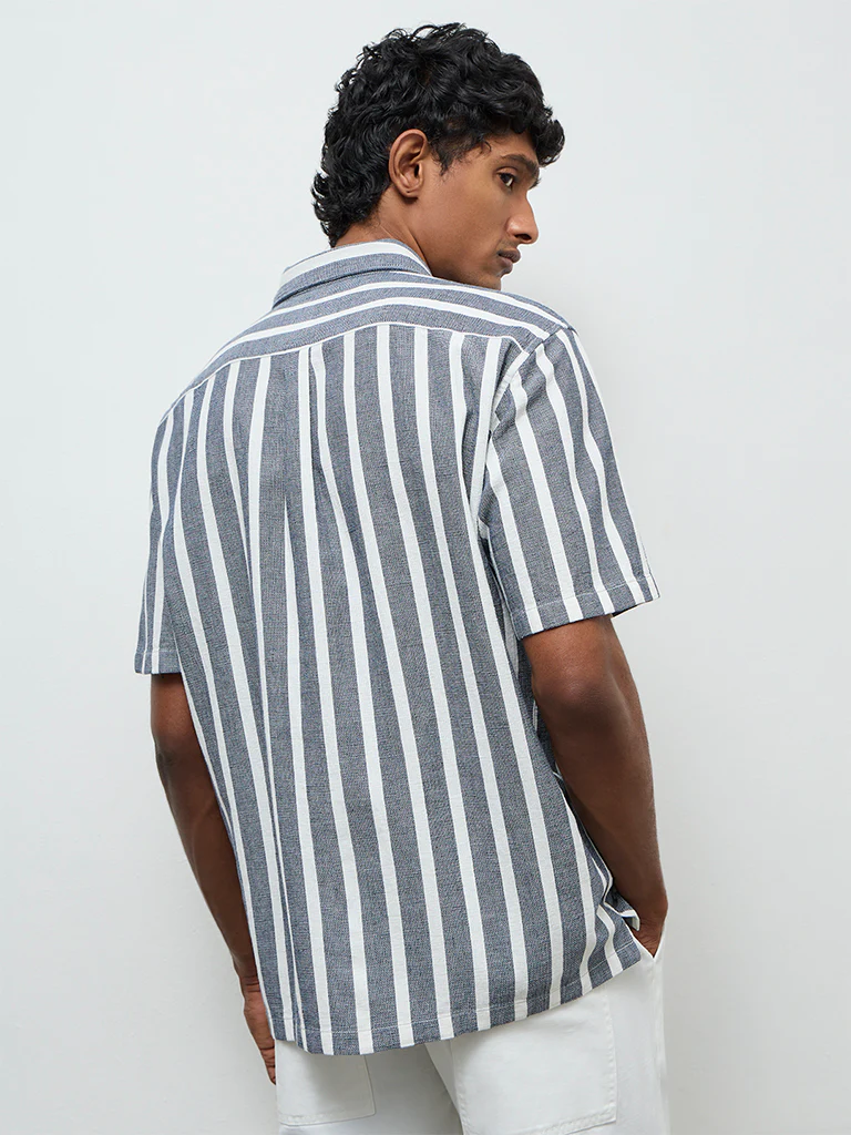 WES Casuals Navy Striped Relaxed Fit Cotton Shirt - Image 4