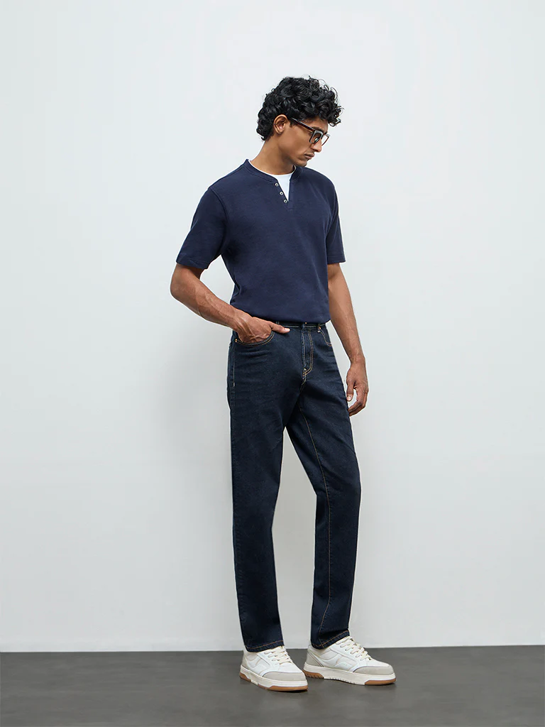 WES Casuals Navy Textured Relaxed Fit Cotton T-Shirt - Image 3