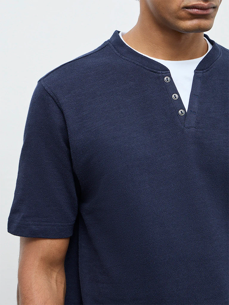 WES Casuals Navy Textured Relaxed Fit Cotton T-Shirt - Image 4