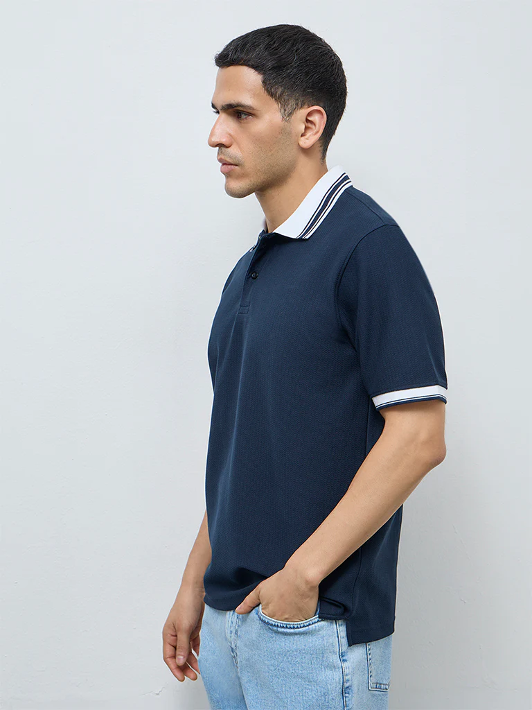 WES Casuals Navy Textured Relaxed-Fit Polo T-Shirt - Image 3