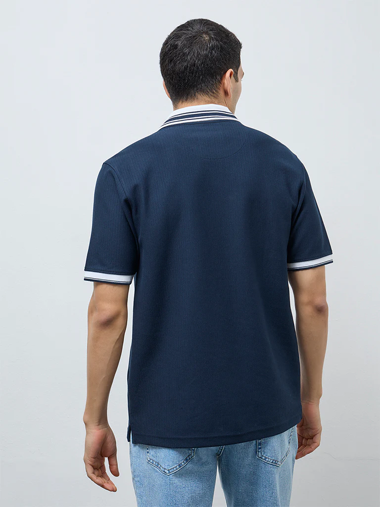 WES Casuals Navy Textured Relaxed-Fit Polo T-Shirt - Image 5