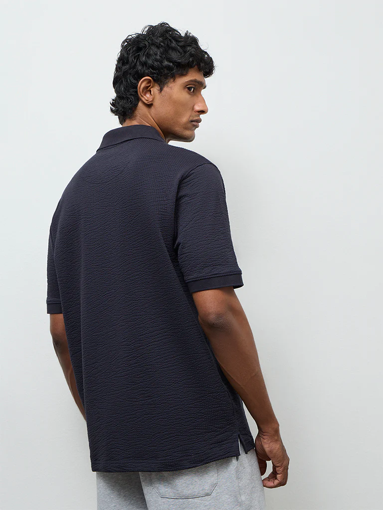 WES Casuals Navy Textured Relaxed Fit Polo T-Shirt - Image 5