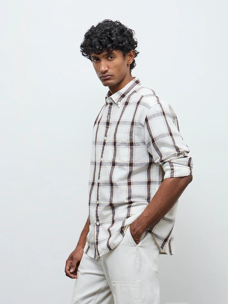 WES Casuals Off-White Check Relaxed Fit Cotton-Blend Shirt - Image 2
