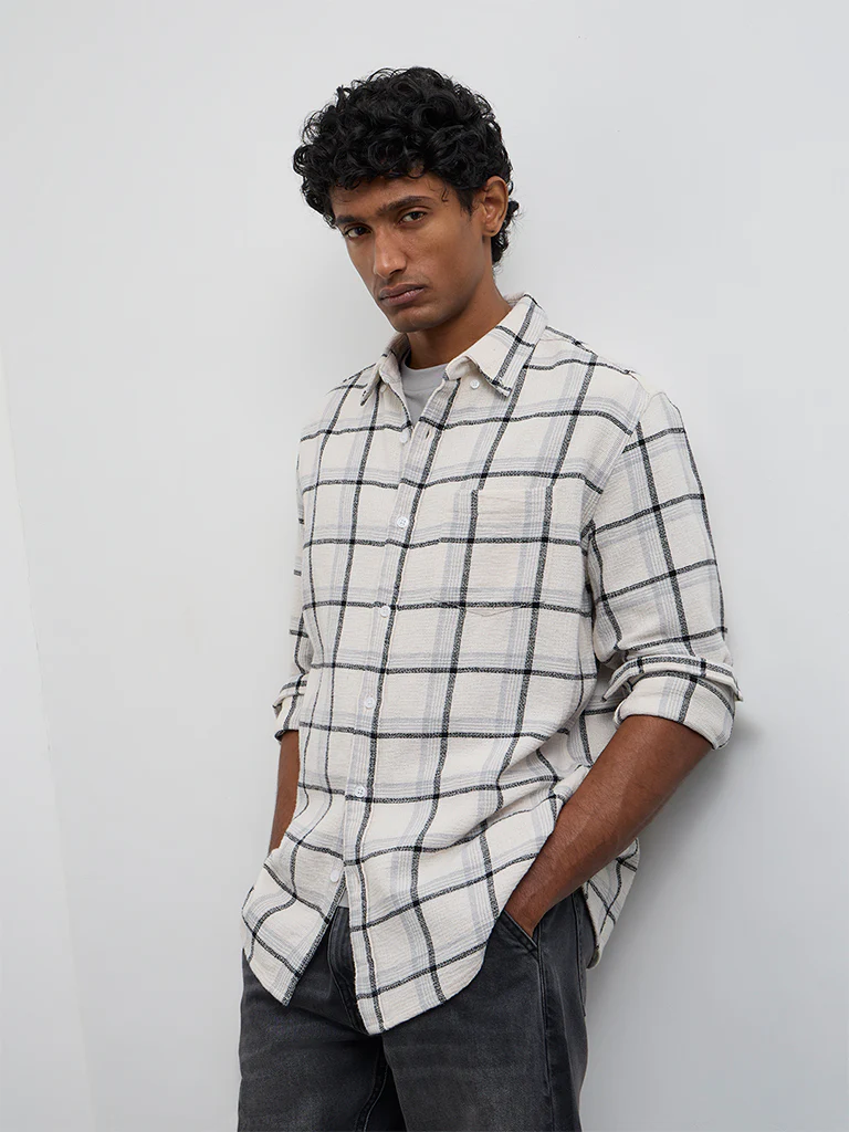 WES Casuals Off-White Checkered Relaxed-Fit Cotton Shirt - Image 2