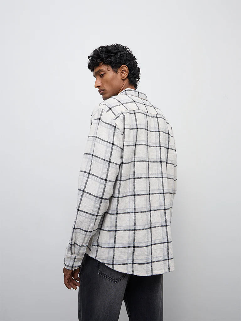 WES Casuals Off-White Checkered Relaxed-Fit Cotton Shirt - Image 4