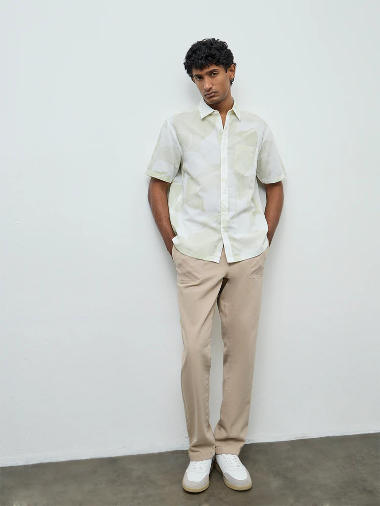WES Casuals Off-White Printed Relaxed Fit Cotton-Blend Shirt